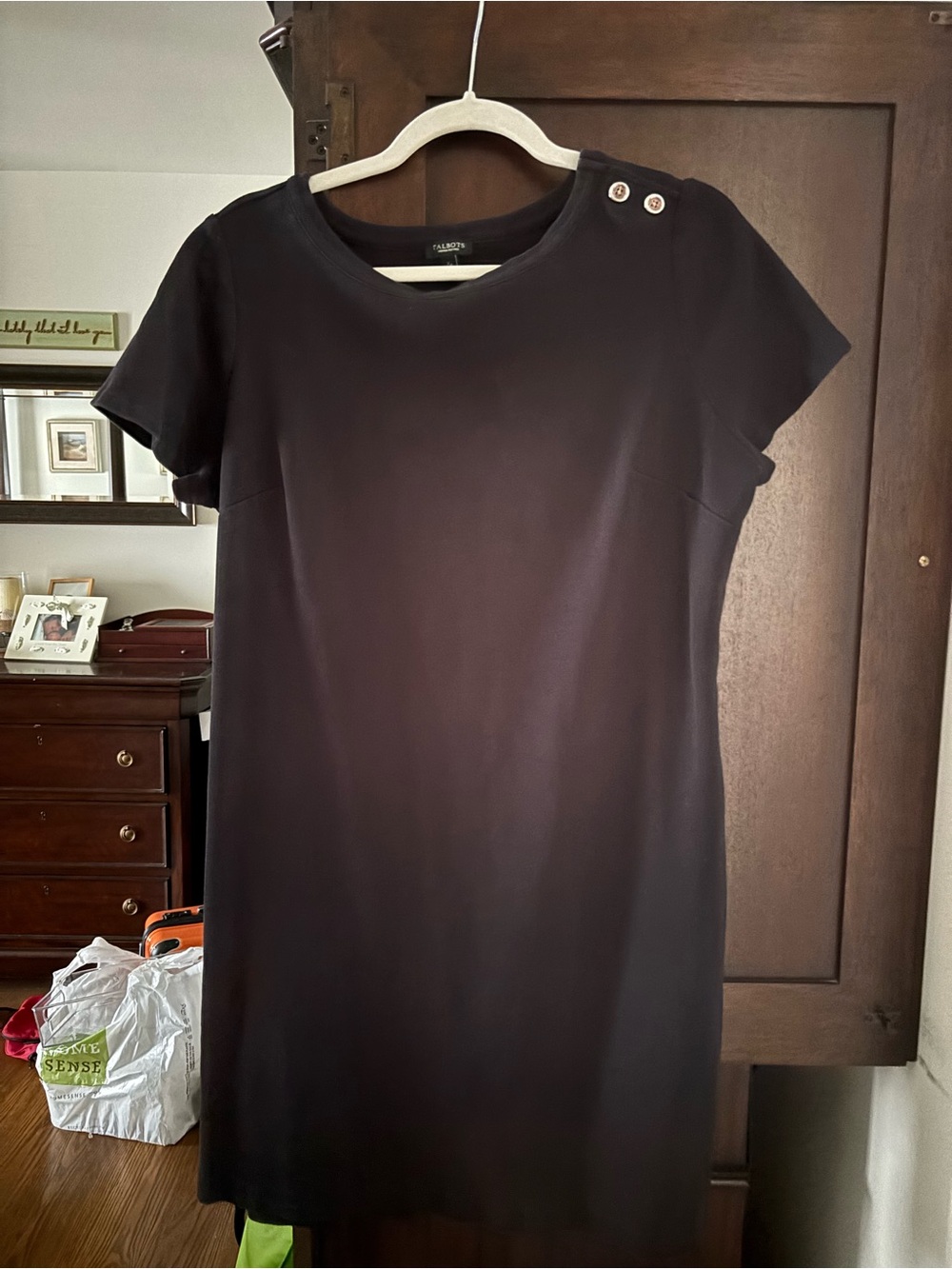 Talbots Black Short-Sleeve Shift Dress with Shoulder Buttons